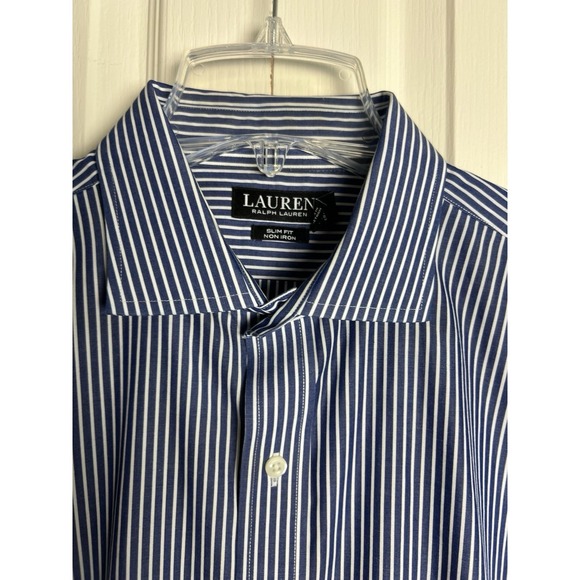 Lauren Ralph Lauren Mens Dress Shirt Size 16 1/2  32/33 Slim Fit Blue Stripe F18 - Picture 4 of 12